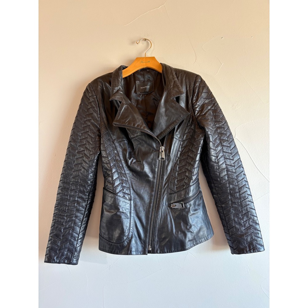 Sacha Pacha Black 100% Leather Moto Jacket Quilted Geometric Retro Pattern M